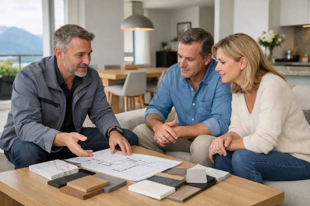 Spécialiste de la rénovation présentant des plans architecturaux et des échantillons de matériaux haut de gamme à des propriétaires suisses attentifs dans un intérieur d'appartement moderne lumineux, confiance et expertise évidents dans la scène de consultation, sans texte ni étiquette visible.