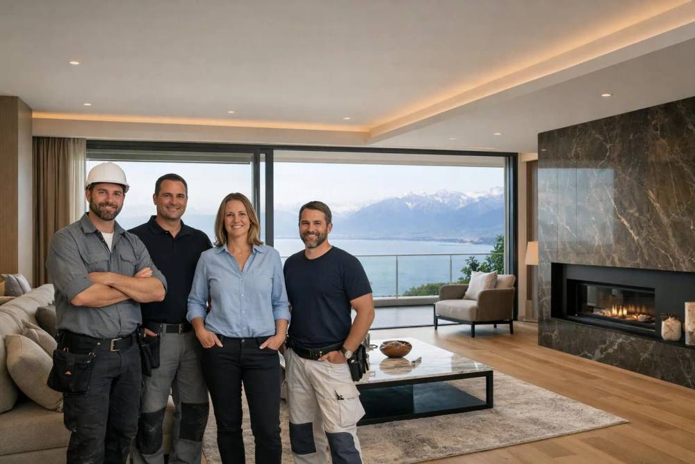 Une équipe de rénovation professionnelle présente l'intérieur d'un appartement de luxe rénové avec vue panoramique sur le lac Léman, un design élégant et moderne utilisant des matériaux haut de gamme, un vaste salon mettant en valeur l'artisanat de qualité et une