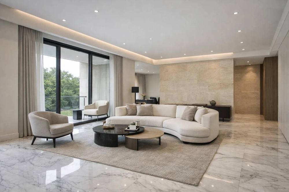 Intérieur de luxe moderne et spacieux avec sol en marbre, mobilier design, grandes fenêtres et éclairage intégré.