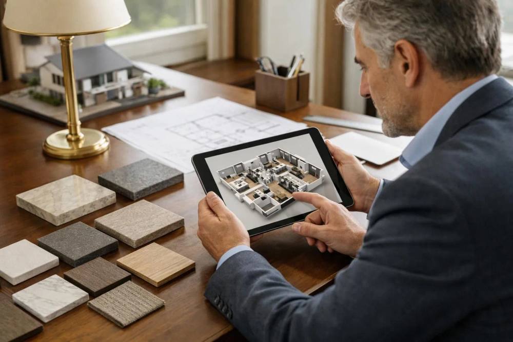 Architecte professionnel examinant des plans de rénovation de luxe et des plans 3D numériques sur une tablette dans un bureau élégant, avec des échantillons de matériaux et des palettes de couleurs sur un bureau poli, sous un éclairage naturel mettant en valeur les normes de qual