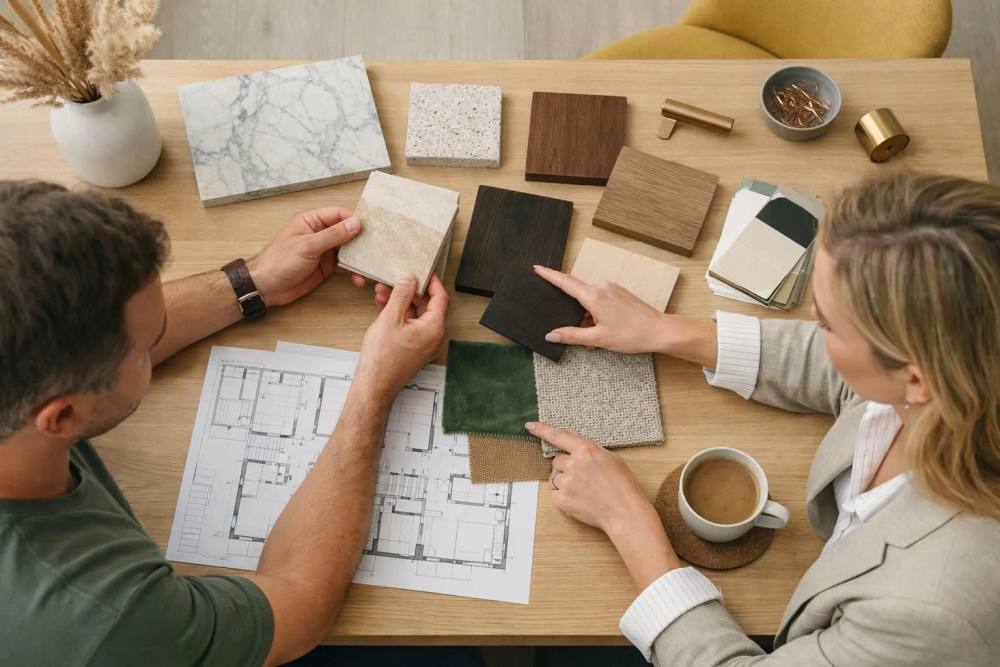 Une scène de réunion élégante montrant le propriétaire consultant le gestionnaire de projet de rénovation sur les matériaux de design d'intérieur de luxe et les plans dans un appartement suisse moderne avec un éclairage naturel.