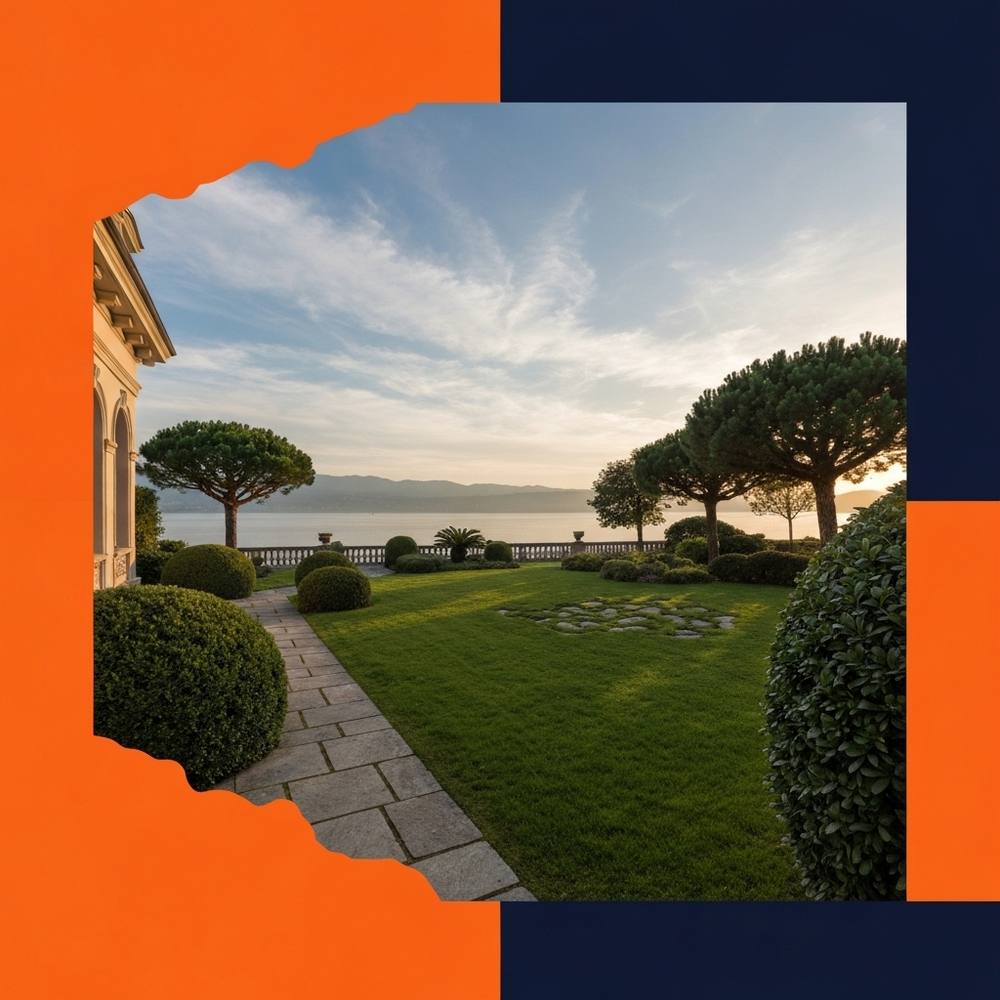 Villa élégante avec arbres matures, pelouse soignée et allées de pierre surplombant le lac Léman au coucher du soleil, quartier de Cologny.