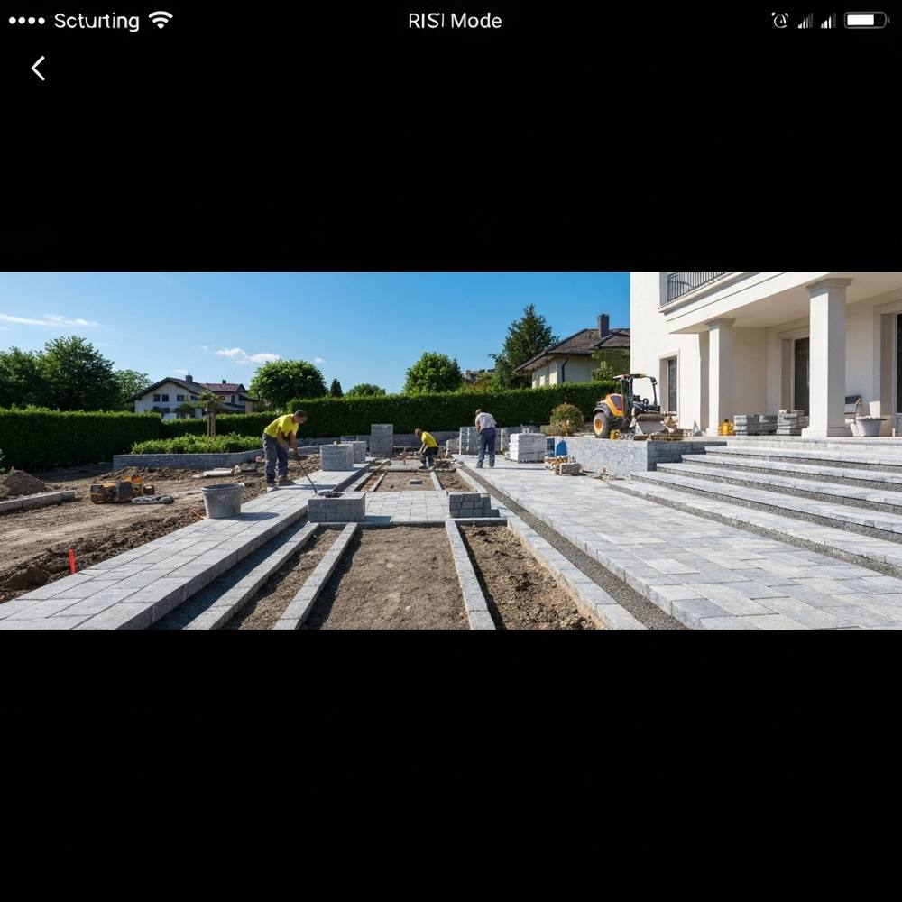 Chantier de construction d'un jardin de villa de luxe à Genève avec des ouvriers installant des allées en pierre, des matériaux de pavage haut de gamme et du matériel d'aménagement paysager sous un temps ensoleillé.