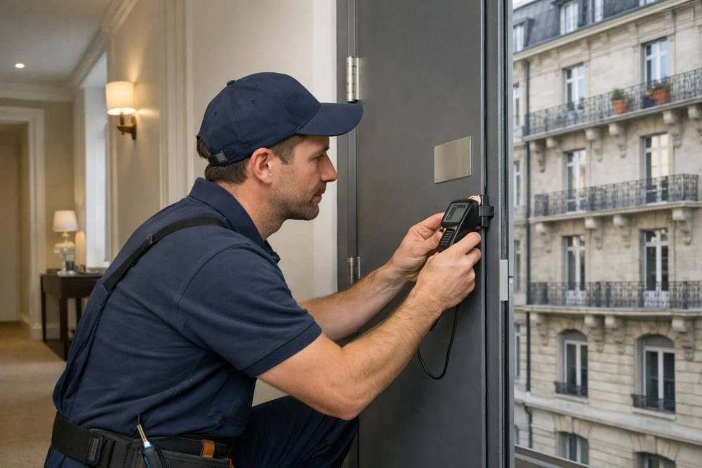 Porte coupe-feu moderne avec plaque de certification métallique installée dans un élégant couloir d'appartement à Genève, installateur professionnel vérifiant l'intégrité du joint avec un outil de diagnostic, lumière naturelle de la fenêtre révélant la façade historique du bâtiment