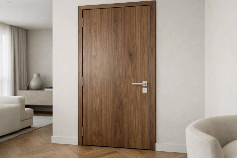 Un élégant intérieur genevois avec une porte coupe-feu en bois haut de gamme s'intégrant parfaitement dans un design contemporain aux sols en bois et murs neutres.