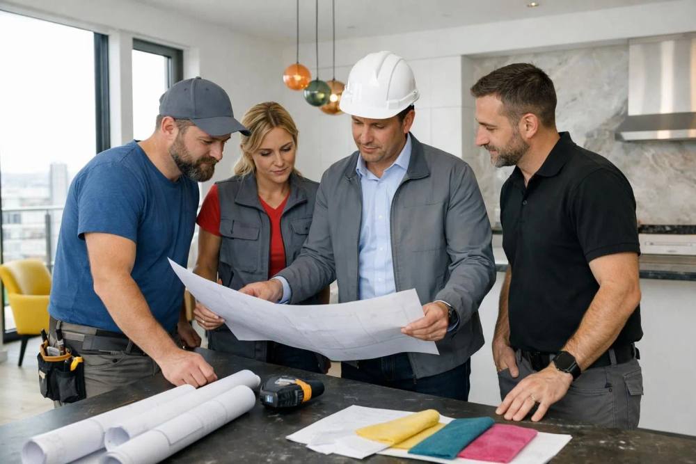 Rénovation intérieure d'un appartement de luxe en cours à Genève, Suisse, avec des entrepreneurs examinant les plans architecturaux, présentant des matériaux haut de gamme et des éléments de design modernes, lumière naturelle à travers de grandes fenêtres.