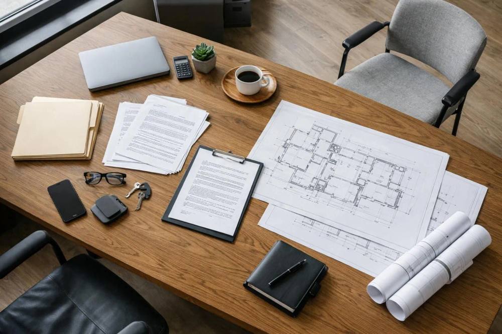 Un entrepreneur professionnel présente des documents de contrat de rénovation détaillés à un couple de propriétaires inquiets, avec des plans architecturaux et des feuilles de calcul budgétaires visibles sur le bureau, dans une atmosphère d'entreprise réaliste.