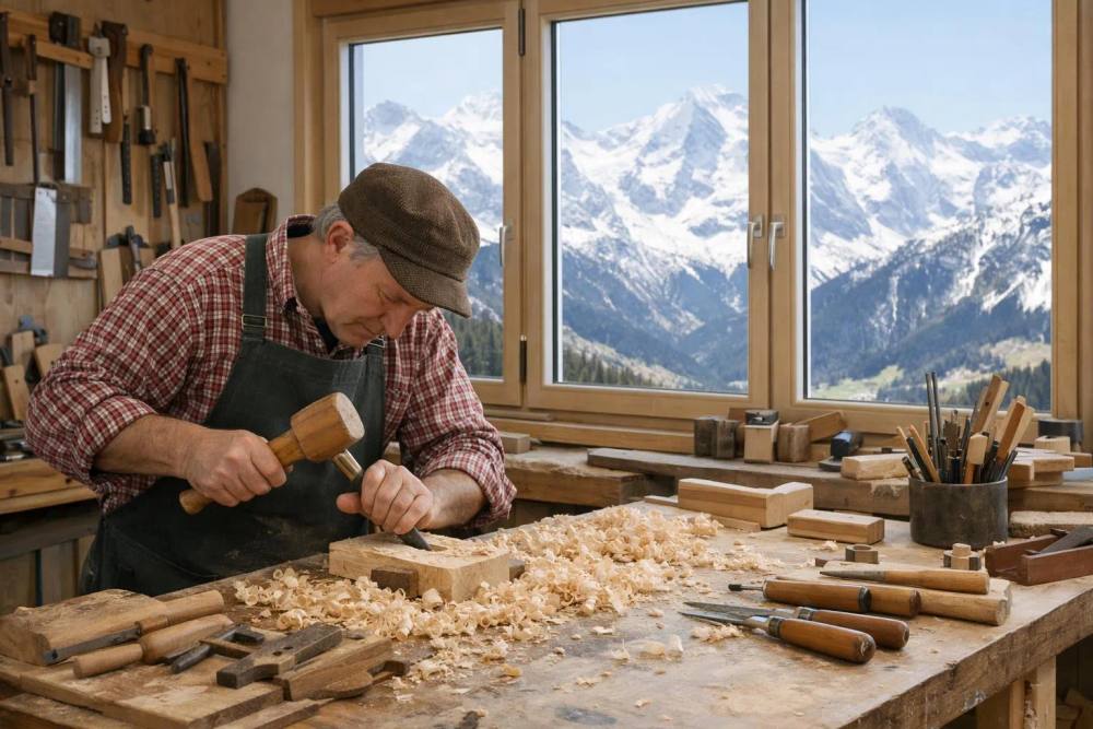 Artisan travaillant le bois dans un atelier avec vue sur les montagnes enneigées.