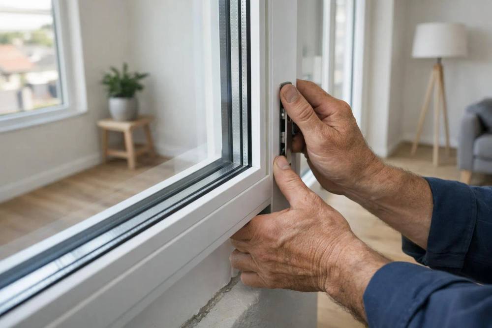 Mains d'un homme installant ou réparant une fenêtre dans une pièce.