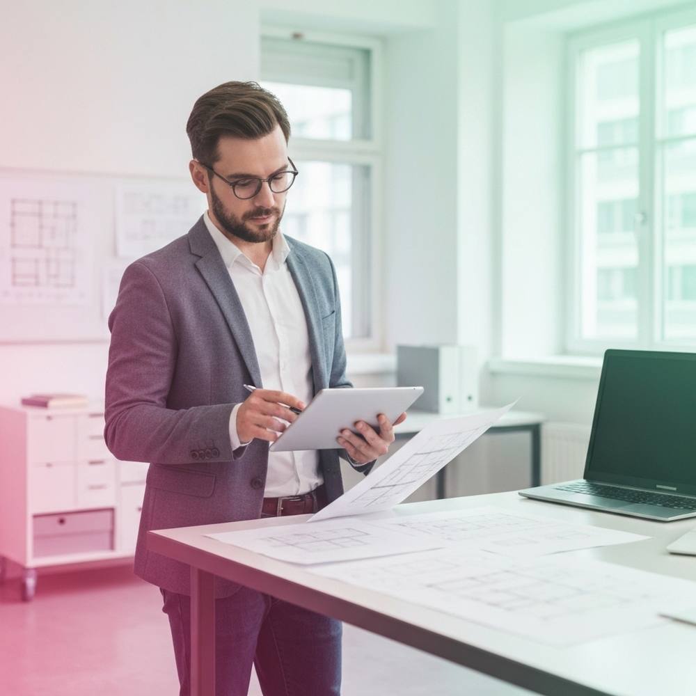 Un gestionnaire de projet professionnel examine des plans d'architecture sur une tablette dans un bureau moderne rénové, avec de la lumière naturelle et un intérieur contemporain suisse.