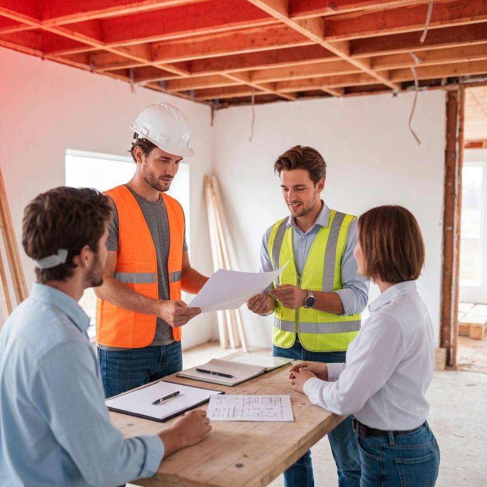 Réunion de chantier avec l'entrepreneur montrant des documents aux propriétaires dans un espace intérieur partiellement rénové, cadre professionnel avec des matériaux de construction visibles en arrière-plan.
