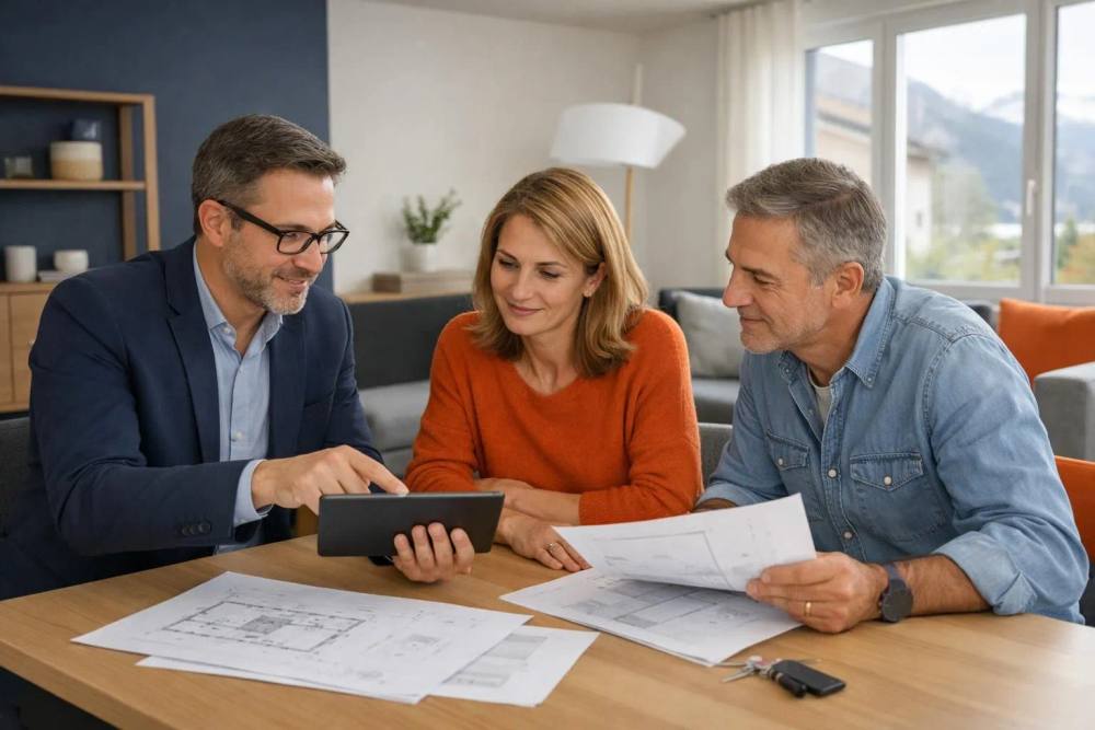 Un architecte et des propriétaires examinent des plans et des permis de construire sur une table dans un salon suisse lumineux, une scène de consultation professionnelle avec des documents et une tablette montrant les détails de la rénovation, sous la lumière naturelle des fenêtres.