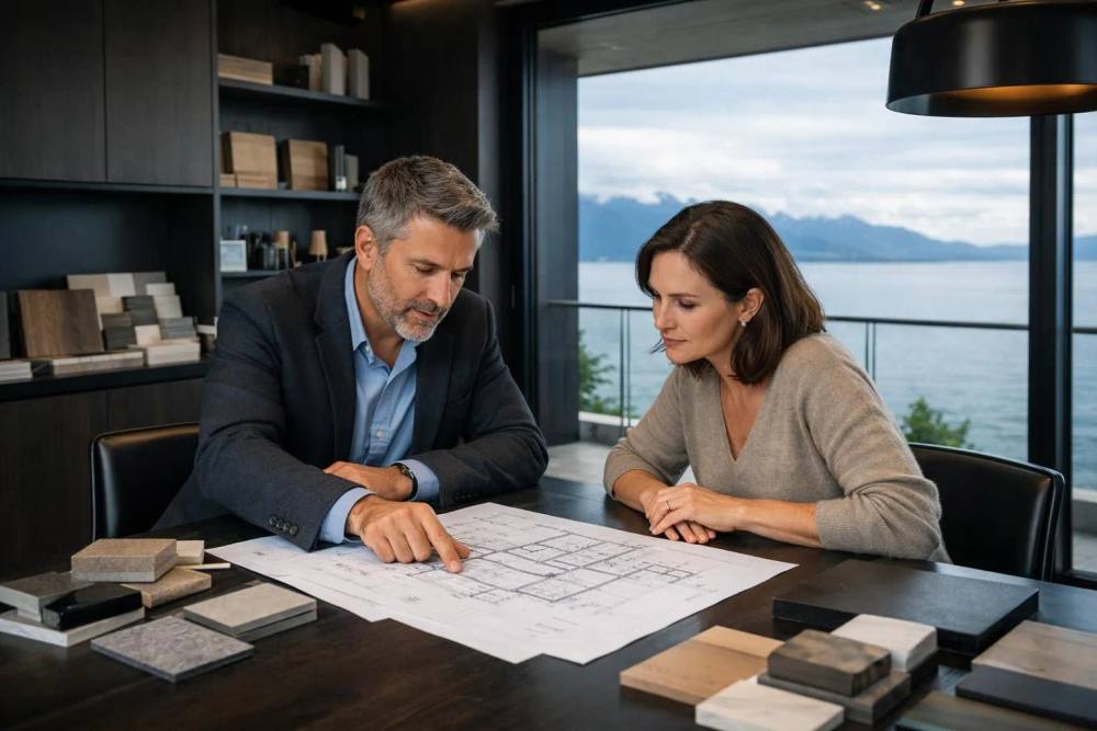 Architecte professionnel examinant les plans de rénovation avec le propriétaire sur un bureau suisse moderne, échantillons de matériaux de design intérieur haut de gamme visibles, grandes fenêtres avec vue sur le lac Léman, atmosphère de réunion de consultation, détails d'artisanat h
