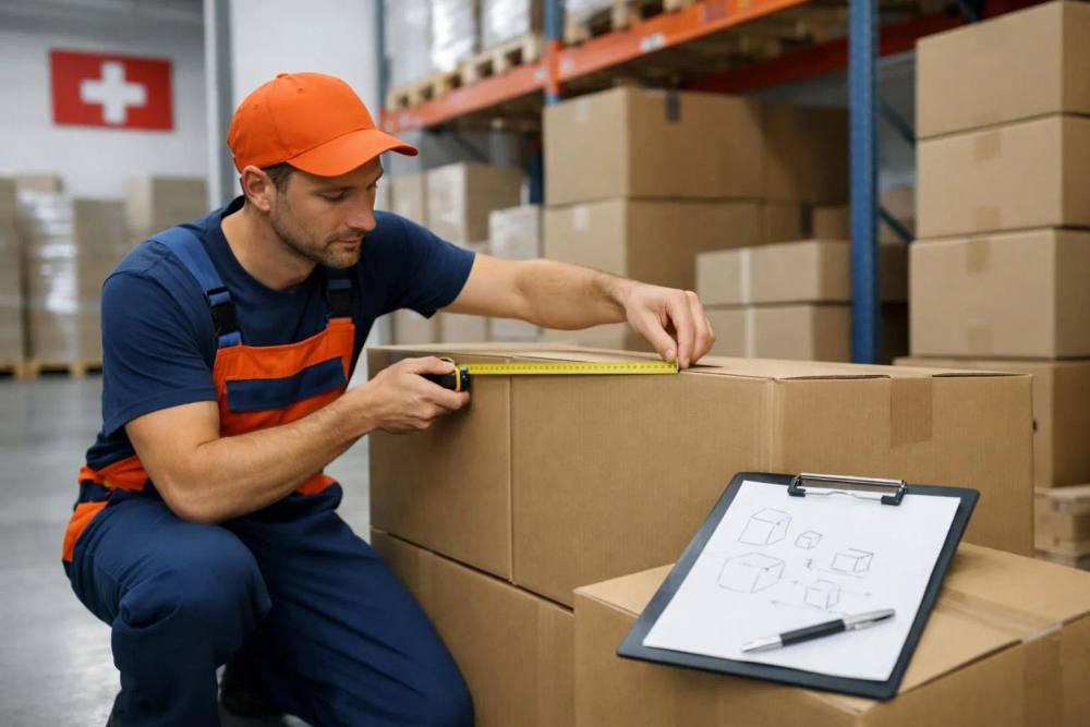 Un consultant en déménagement professionnel mesurant des boîtes en carton avec un mètre ruban dans un entrepôt suisse moderne, calculant les mètres cubes pour l'expédition internationale, avec un bloc-notes visible montrant les calculs de volume, dans un cadre professionnel neutre.