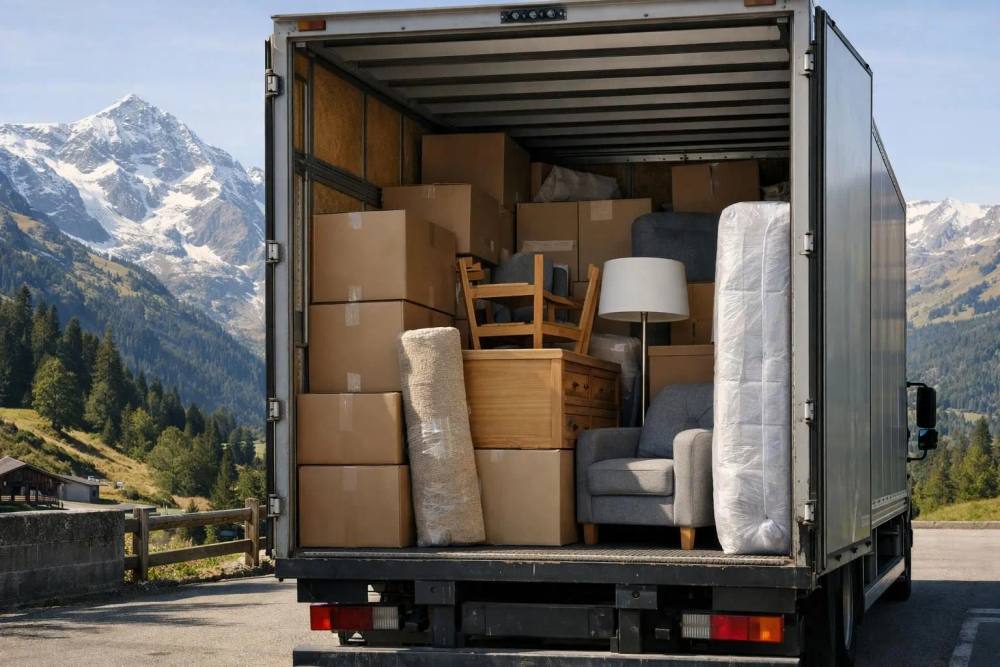 Des déménageurs professionnels chargent des boîtes en carton et des meubles dans un camion de déménagement international en Suisse, avec un presse-papiers montrant des calculs de volume et des feuilles de tarification visibles sur la porte arrière, les Alpes suisses visibles en arrière