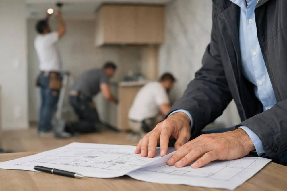 Homme d'affaires examinant des plans de construction dans un bureau.