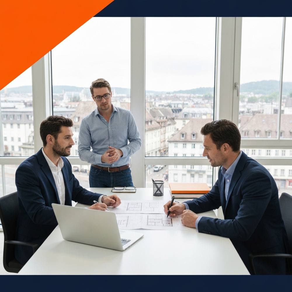 Un consultant en construction professionnel examine des plans architecturaux avec un client dans un bureau moderne, un ordinateur portable et des documents sur le bureau, un paysage urbain suisse visible par la fenêtre.