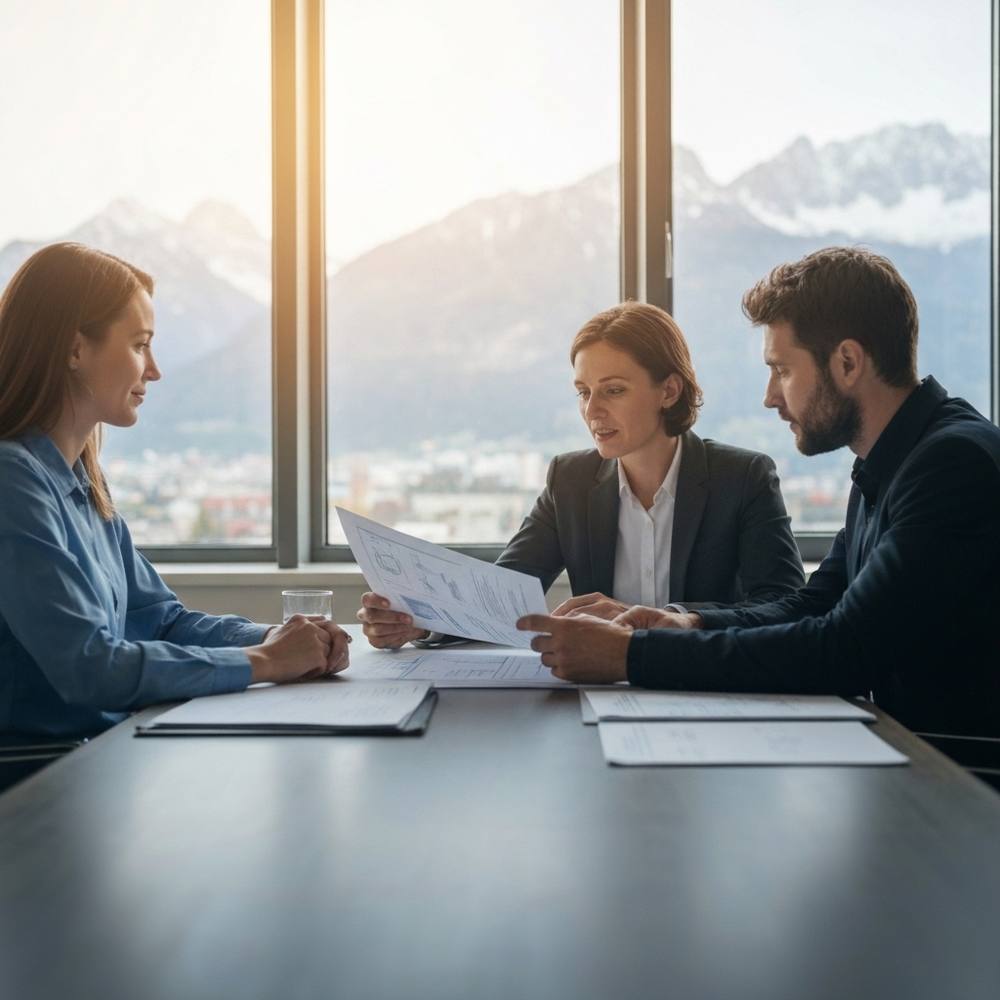 Consultant professionnel examinant des plans avec un client autour d'une table de conférence moderne, sous la lumière naturelle, dans un bureau suisse avec vue sur les montagnes.