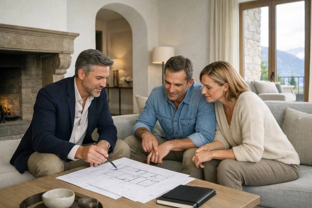 Un architecte d'intérieur professionnel présente des plans de rénovation détaillés à des propriétaires dans un élégant salon suisse avec des éléments d'architecture traditionnelle et des meubles modernes, démontrant ses services de consultation en design.