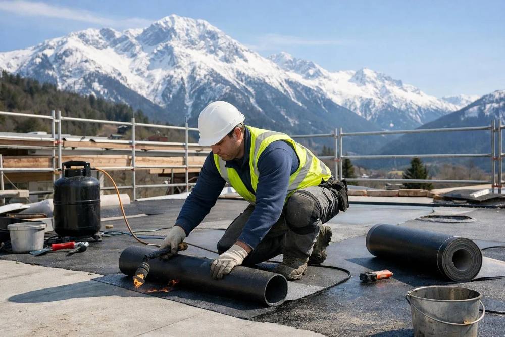 Ouvrier en tenue de sécurité appliquant une membrane d'étanchéité sur un toit plat en Suisse, vue sur les Alpes en arrière-plan, matériel professionnel visible, chantier de rénovation ensoleillé avec échafaudage