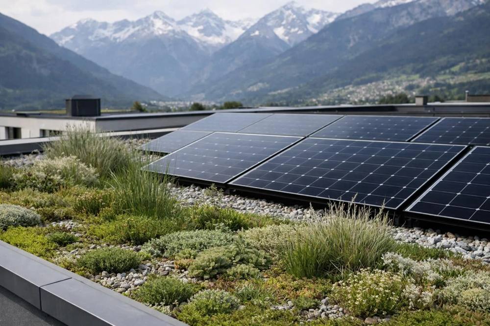 Vue aérienne d'un immeuble résidentiel suisse avec toit plat végétalisé, couches de sédums et graminées vertes, panneaux solaires intégrés, Alpes en arrière-plan, architecture contemporaine, tons naturels verts et gris, photographie réaliste en lumière naturelle du jour