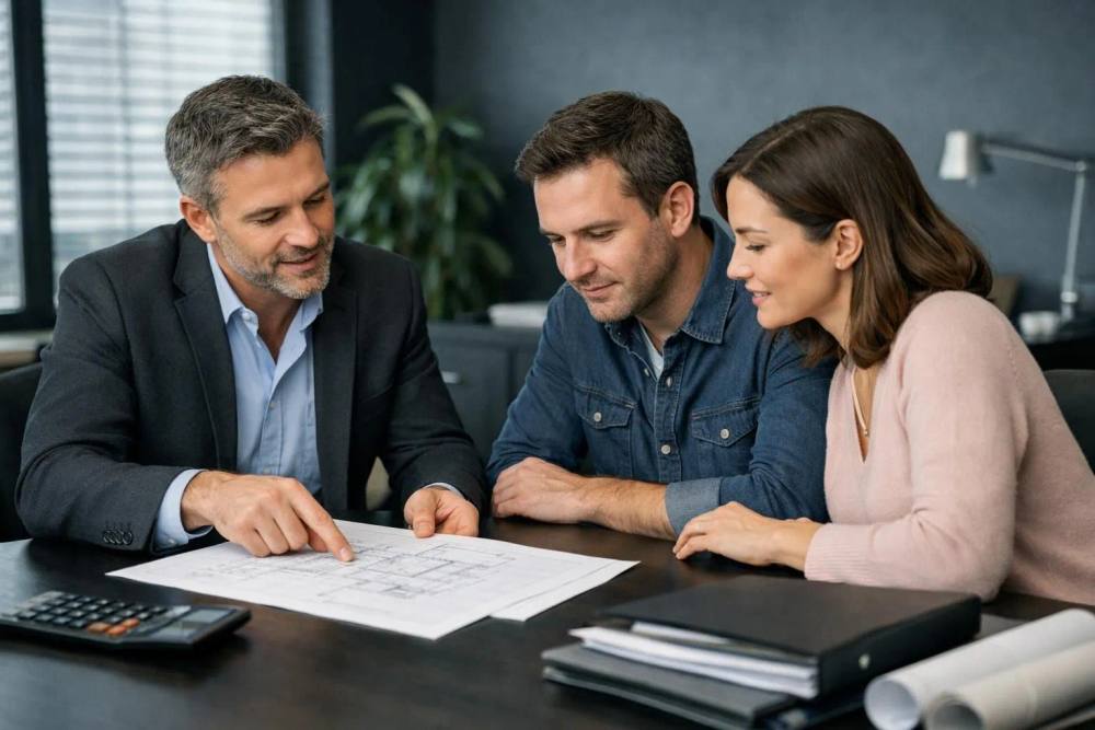 Architecte professionnel montrant des documents de subvention et plans de toiture plate à un couple de propriétaires assis autour d'une table de travail moderne, avec calculatrice et dossiers techniques visibles, ambiance bureau conseil lumineux