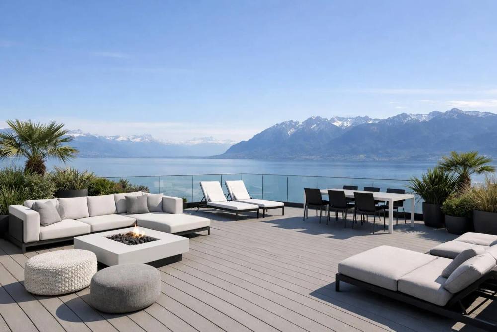Terrasse de toit rénovée avec garde-corps en verre surplombant le lac Léman et les Alpes, mobilier design confortable, revêtement étanche, bacs à plantes luxuriants, journée ensoleillée, style photo immobilière professionnelle.