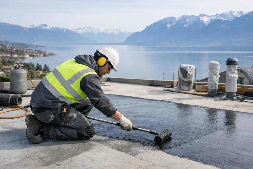 Un couvreur professionnel applique un revêtement d'étanchéité sur une terrasse de toit plat avec vue sur le lac Léman, portant un équipement de sécurité, le lac et les montagnes en arrière-plan, travaux de rénovation technique en cours, lumière naturelle.