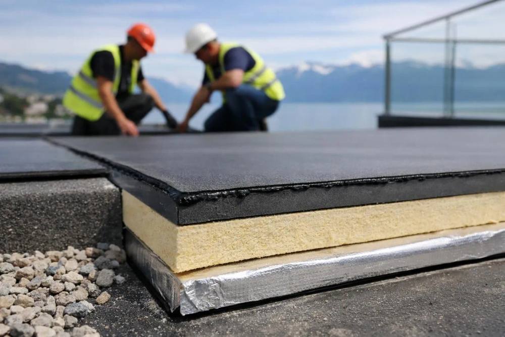 Comparaison en écran partagé d'une terrasse de toit à Genève avant et après rénovation : côté gauche, membrane d'étanchéité détériorée et drainage endommagé ; côté droit, surface rénovée avec isolation moderne, revêtement étanche et mobilier extérieur élégant