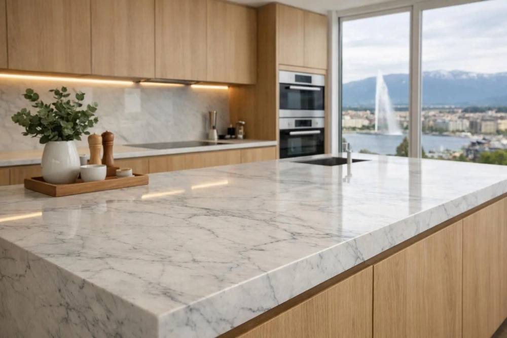 Cuisine de luxe minimaliste moderne avec îlot central en marbre blanc de Carrare, meubles en chêne naturel, éclairage LED intégré, électroménager intelligent encastré, grandes fenêtres avec vue sur le paysage urbain de Genève, palette de couleurs neutres sophistiquées avec
