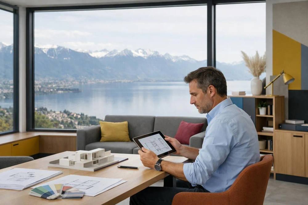 Un gestionnaire de construction en tenue d'affaires élégante examinant des plans architecturaux sur une tablette sur un bureau de bureau moderne avec vue panoramique sur le lac Léman et les Alpes à travers de grandes fenêtres, un cadre de design intérieur suisse professionnel avec un éclairage précis