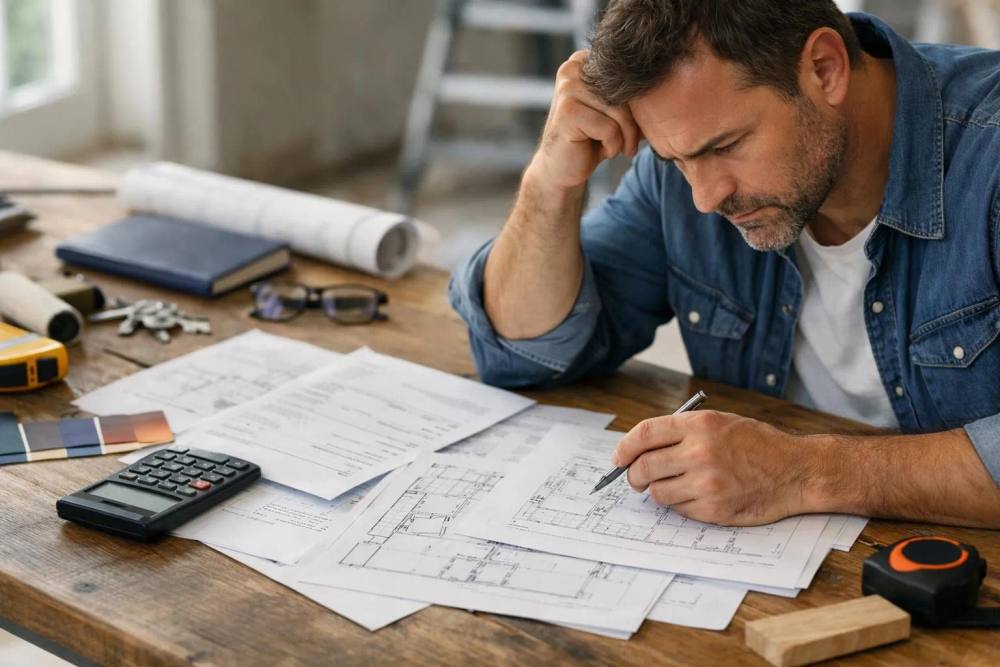 Propriétaire préoccupé examinant des documents de chantier montrant retards et dépassements budgétaires, avec plans architecturaux et factures sur une table de rénovation intérieure, lumière naturelle filtrée, style documentaire réaliste