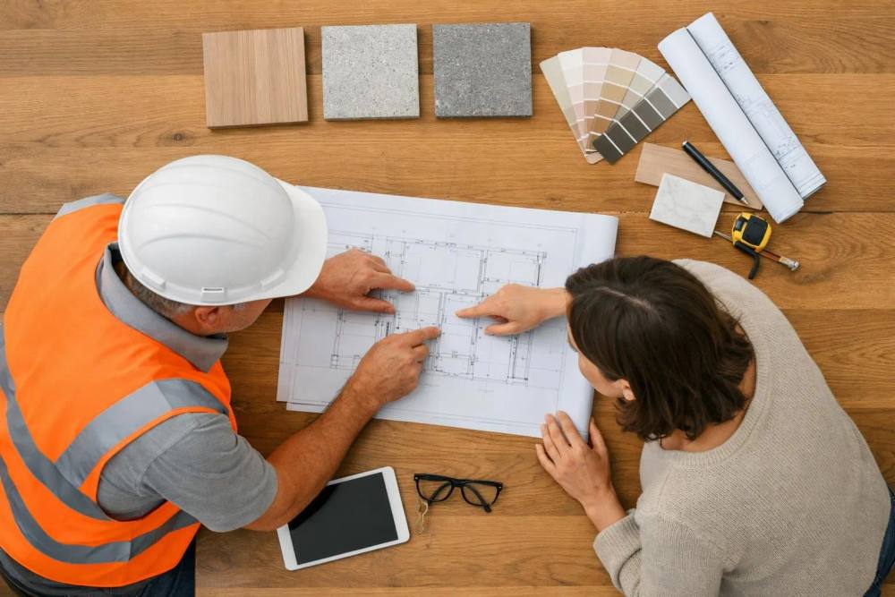 Un gestionnaire de construction professionnel examine les plans de rénovation avec un client dans un intérieur d'appartement suisse élégant, présentant des documents budgétaires et des échantillons de matériaux sur une table en bois moderne, sous la lumière naturelle, dans un style de photographie réaliste.