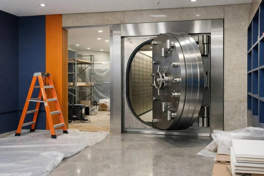 Entrée moderne d'un coffre-fort de banque suisse avec une porte en acier renforcé dans un cadre haut de gamme, montrant les caractéristiques de sécurité et un environnement de stockage professionnel pour des articles de valeur pendant des travaux de rénovation.