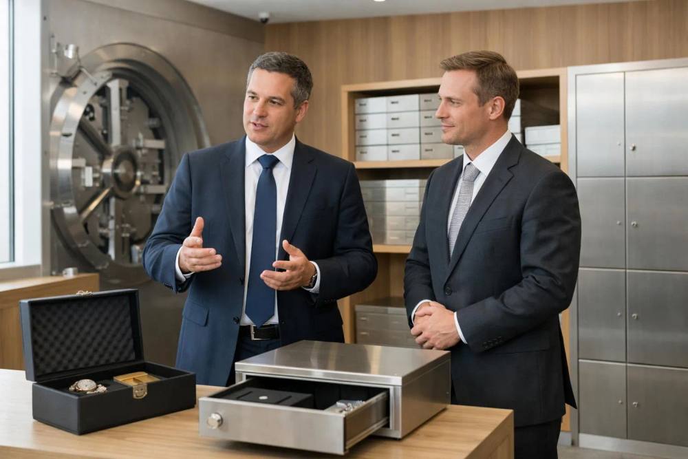 Intérieur d'un établissement suisse moderne de coffres-forts privés à Genève, avec portes en acier renforcé, compartiments de stockage climatisés pour métaux précieux et bijoux, caméras de sécurité et personnel en tenue professionnelle.