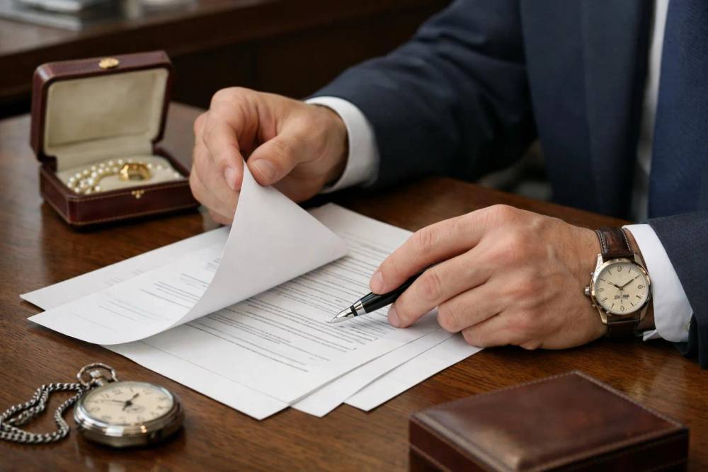 Un document d'assurance professionnel avec du petit texte examiné à la loupe, à côté d'articles de luxe élégants sur un bureau en bois poli, dans une atmosphère d'affaires sérieuse.