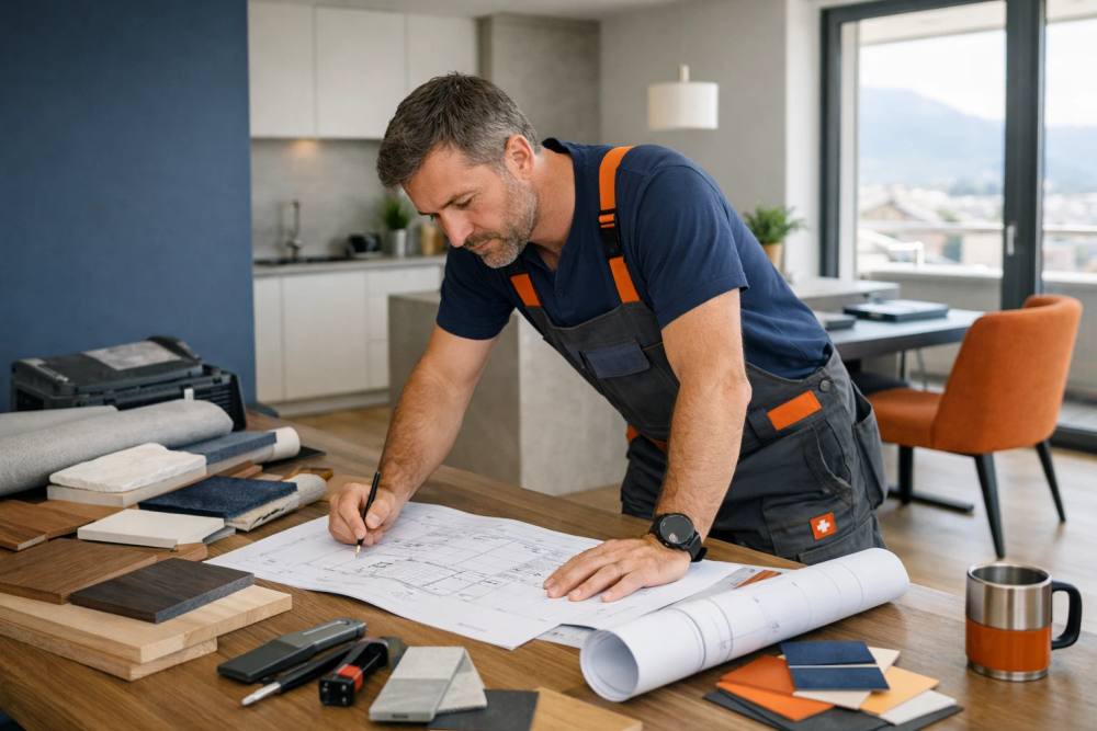 Artisan suisse examinant des plans de rénovation intérieure dans un appartement lumineux avec des matériaux de construction premium disposés autour de lui, ambiance professionnelle et haut de gamme typique du marché suisse de la rénovation