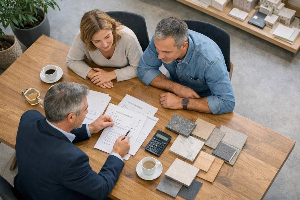 Rénovation intérieure suisse moderne, architecte discutant du budget et des échantillons avec les propriétaires autour d'une table en bois, plans et calculatrice visibles, éclairage naturel.