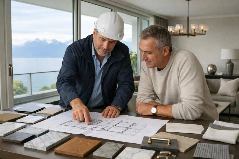 Entrepreneur en rénovation professionnelle examinant les plans d'un appartement de luxe avec le propriétaire dans un intérieur élégant à Lausanne, échantillons de matériaux haut de gamme et plans détaillés sur la table, lumière naturelle à travers de grandes fenêtres offrant une vue sur