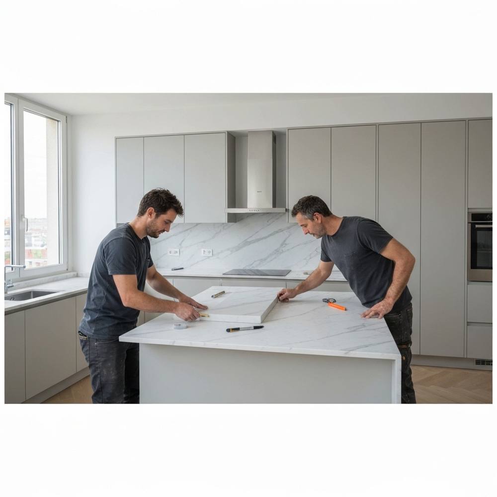 Rénovation élégante d'une cuisine moderne en cours, avec l'installation d'un plan de travail en marbre haut de gamme dans un appartement de luxe à Genève, avec des armoires sur mesure et des outils professionnels visibles, sous la lumière naturelle qui pénètre par de grandes fenêt
