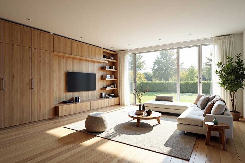 Salon moderne avec meubles en bois, canapés confortables et vue sur la nature.