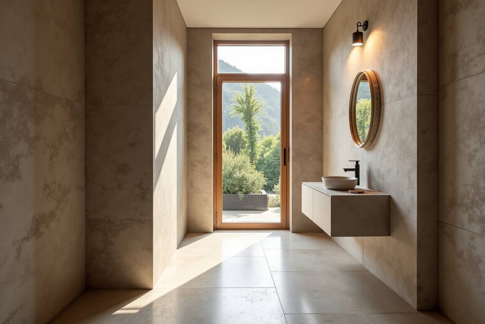 Salle de bain moderne avec vue panoramique sur la nature.