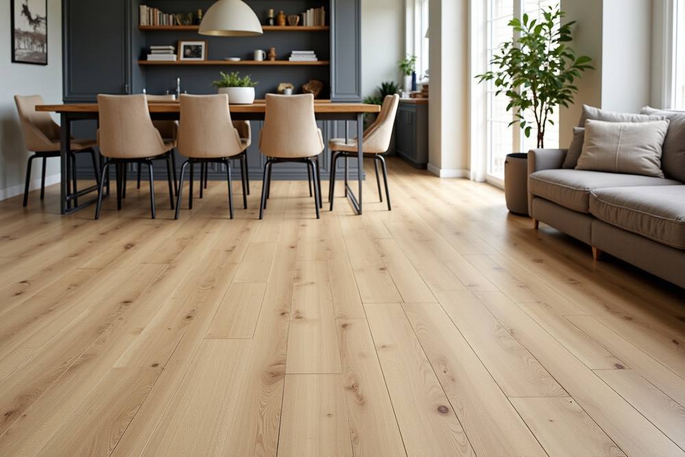 Intérieur moderne avec table en bois et chaises beiges.