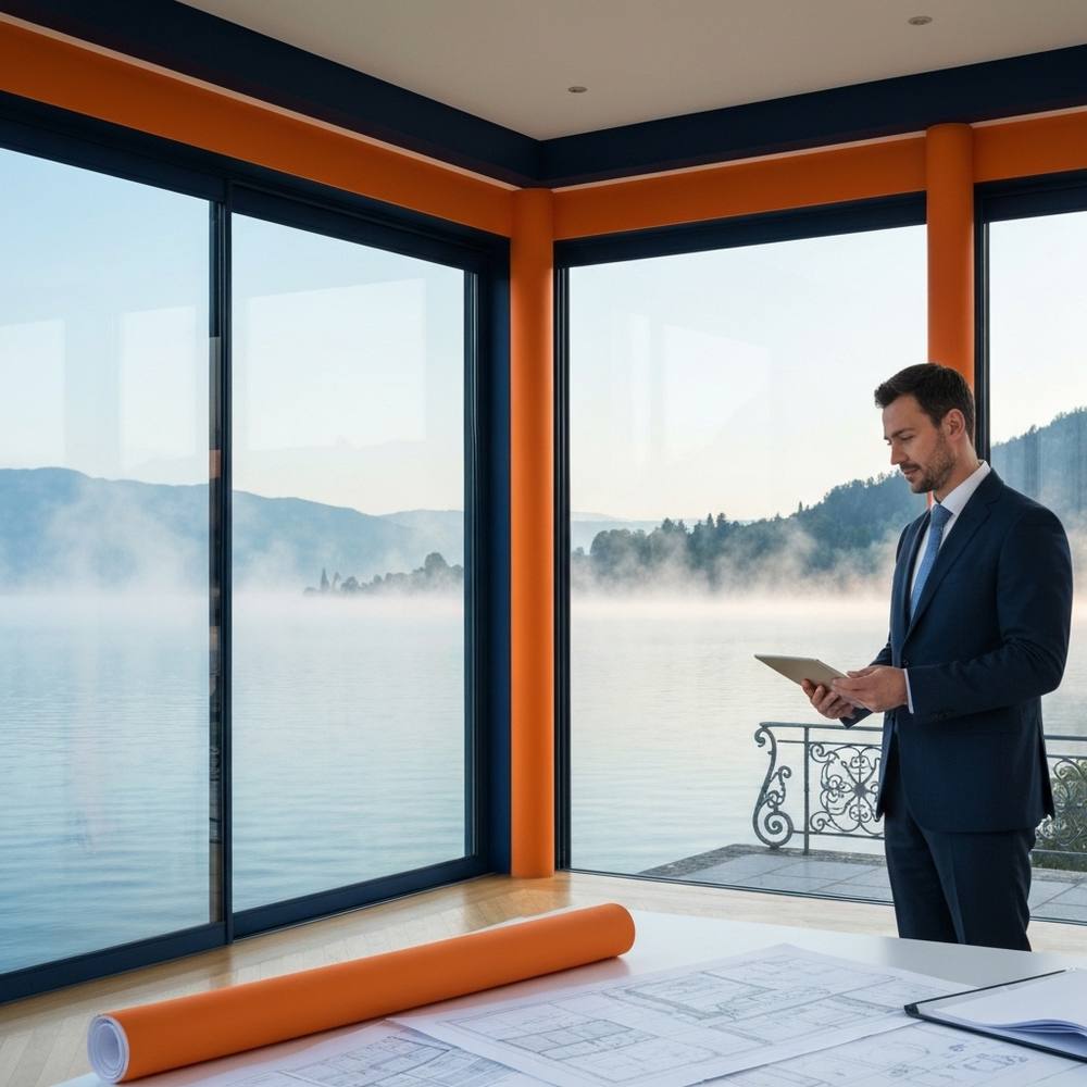 Villa élégante au bord du lac avec de grandes fenêtres donnant sur le lac Léman, brume s'élevant de la surface de l'eau à l'aube, architecte professionnel examinant les plans sur une tablette au premier plan, détails d'architecture suisse raffinés visibles.