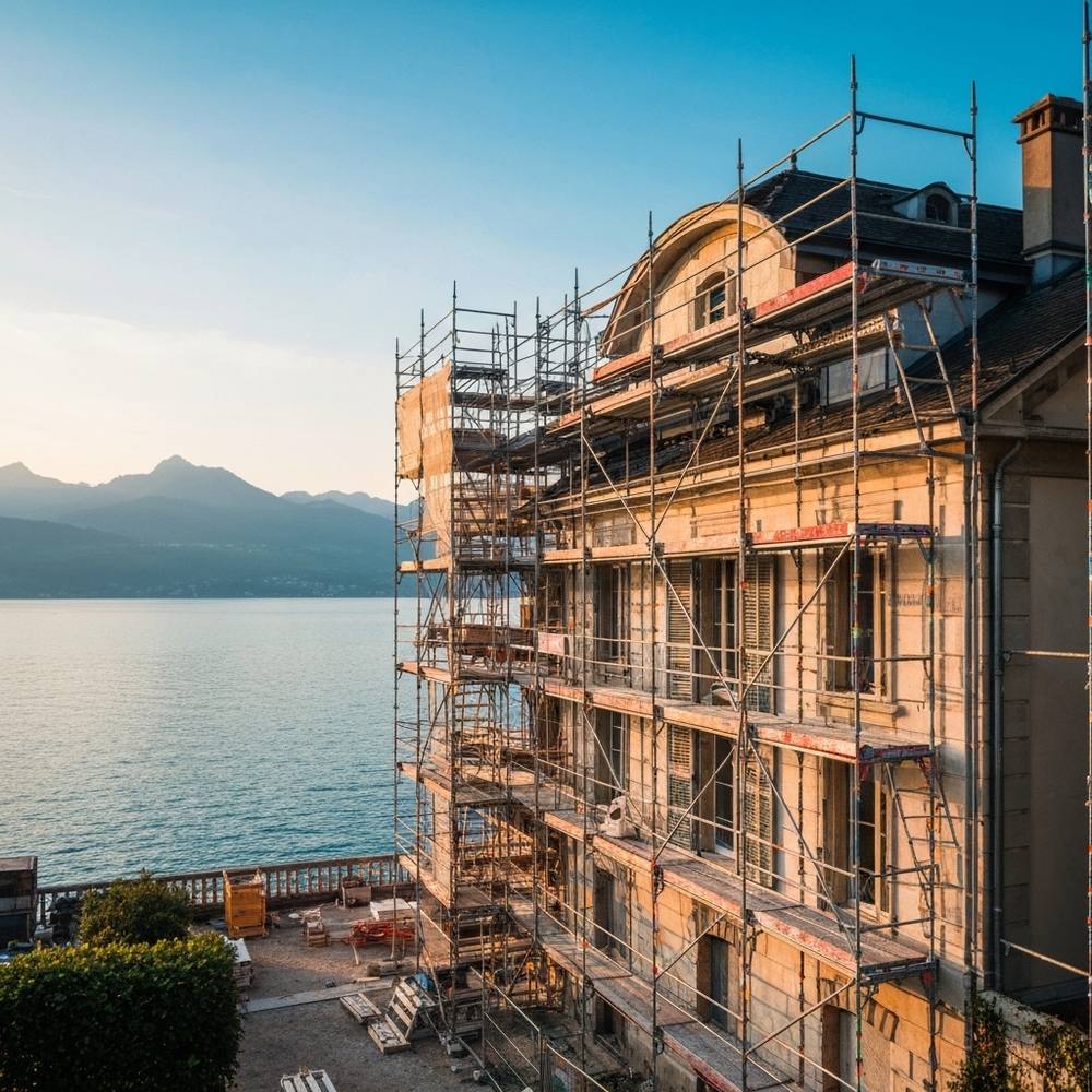 Villa lacustre élégante en rénovation à Genève, échafaudages sur la façade, matériaux de construction visibles, Lac Léman et Alpes en arrière-plan, éclairage doré.