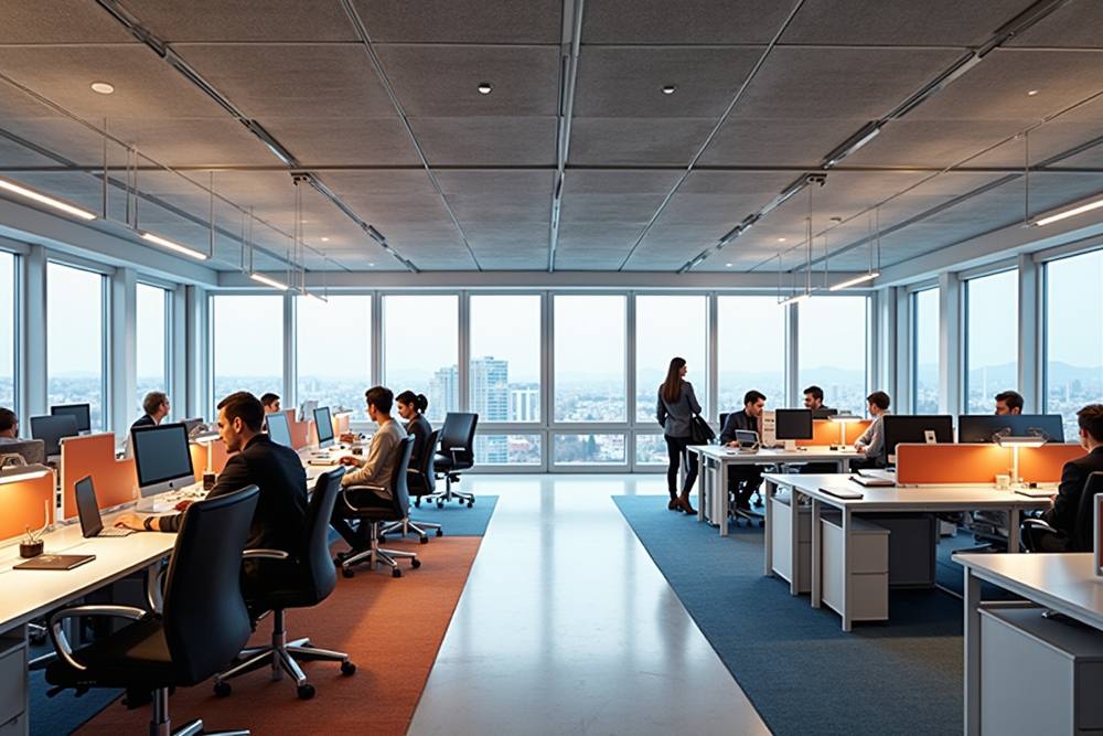 Bureaux modernes avec vue panoramique sur la ville.