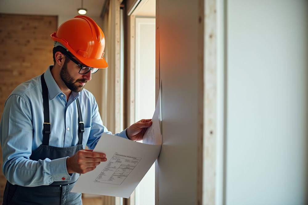 Ouvrier en casque de sécurité orange inspecte les plans de construction.
