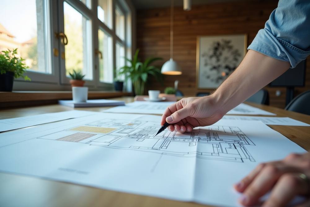 Architecte examinant des plans de construction sur une table en bois.