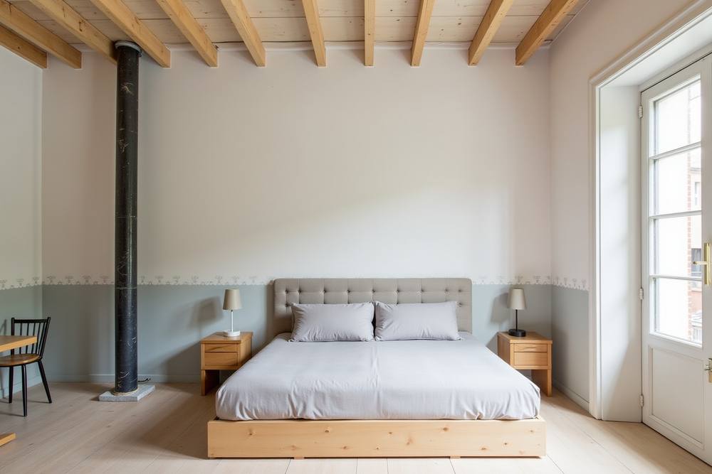 Chambre spacieuse avec poutres apparentes, lit confortable et mobilier en bois.