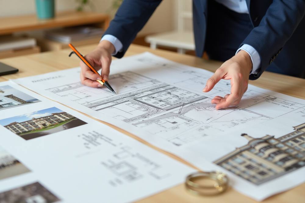 Architecte examinant des plans d'architecture sur un bureau.